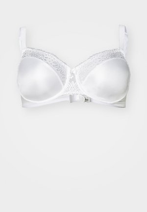 Sutiã branco com copas de satin lisas, detalhes em renda na parte superior, alças ajustáveis e fecho central. Textura suave ao longo de toda a peça.