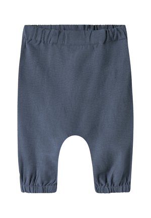 Weiche dunkelblaue Babyhosen mit elastischem Bund und Bündchen, mit weitem Schritt für Komfort und leichte Bewegungsfreiheit.