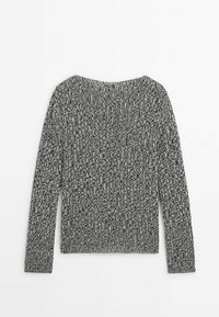Gestrickter Pullover mit langen Ärmeln in Schwarz und Weiß, ausgestattet mit einem strukturierten Muster, rundem Halsausschnitt und einer figurbetonten Silhouette.