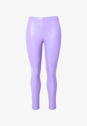 Lavendelgekleurde leggings van een glad, glanzend materiaal. Voorzien van een hoge tailleband en een aansluitend ontwerp dat het volledige been bedekt.