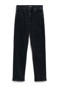 Zwarte denim jeans met een rechte snit, vijf zakken, knoopsluiting en een subtiele vervaagde textuur. Merkenlabel aan de tailleband.