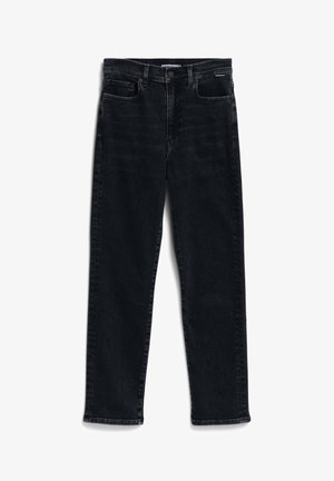 Black denim jeans with a straight cut, five-pocket design, button closure, and a subtle faded texture. Brand label at the waistband.