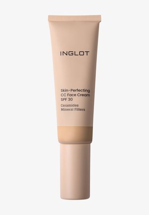 Tube de crème pour le visage Inglot Skin-Perfecting CC avec SPF 30, contenant des céramides et des filtres minéraux, emballage beige sur fond blanc.