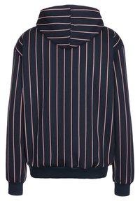 Laivastonsininen huppari, jossa pystysuorat valkoiset ja punaiset raidat, tilavalla hupulla ja resorireunuksilla hihoissa. Pehmeä, teksturoitu kangas ja rento istuvuus.