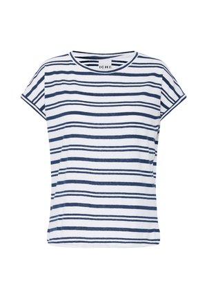 Hvid t-shirt med korte ærmer og rund halsudskæring med uregelmæssige navy blå horisontale striber og et lille mærke inde i kraven.