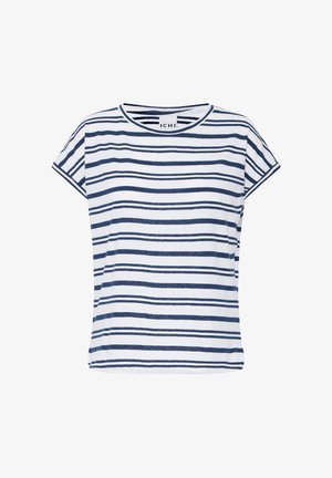 Hvid t-shirt med korte ærmer og rund halsudskæring med uregelmæssige navy blå horisontale striber og et lille mærke inde i kraven.