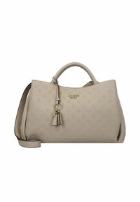 Borsa a spalla strutturata color beige con motivo goffrato, manici doppi, tracolla rimovibile e accessori in metallo dorato. Etichetta attaccata.