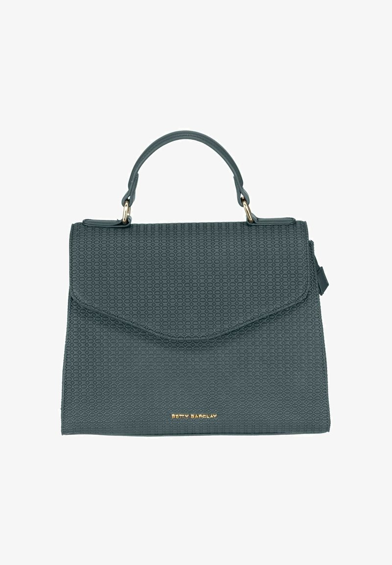 Sac à main gris texturé avec une fermeture à rabat, une poignée arrondie et des accents métalliques dorés. Présente un motif géométrique sur un matériau synthétique.