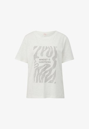 Balta medvilnė marškinėliai su laisvu kirpimu, su taškiniu raštu ir užrašu "POŽIŪRIS YRA VISKAS" centre. Trumpomis rankovėmis.