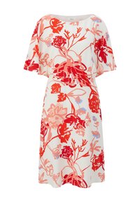 Blommig klänning med vit bakgrund och röda och rosa blommor. Lös passform, korta ärmar, rund halsning, lättviktig tyg.