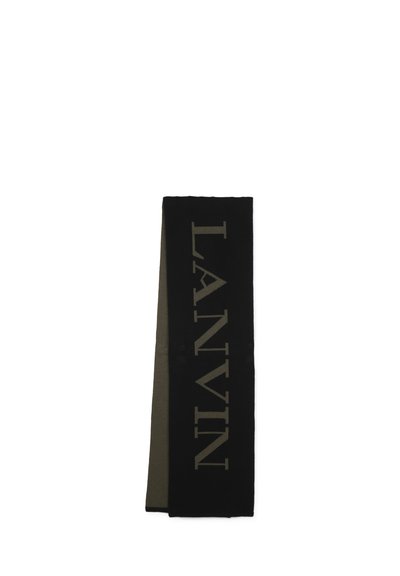 Cachecol de malha em preto e verde-azeitona com um grande logotipo "LANVIN" em cor contrastante. Apresenta uma textura suave e uma forma retangular alongada.