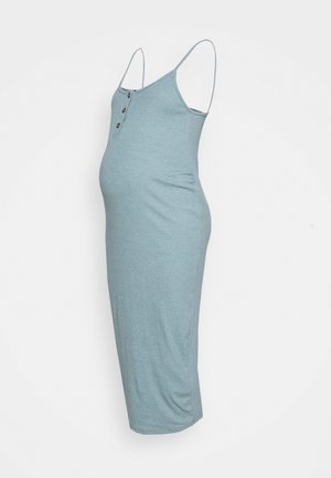 Sleeveless light blue maternity dress with ribbed fabric, buttoned front, and a fitted silhouette extending below the knee.
