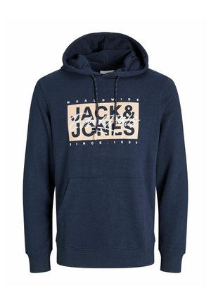 Felpa blu navy realizzata in misto cotone, con tasca frontale a marsupio, cappuccio con cordino e logo stampato sul petto.