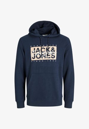 Felpa blu navy realizzata in misto cotone, con tasca frontale a marsupio, cappuccio con cordino e logo stampato sul petto.