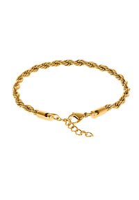 Braccialetto in catena dorata attorcigliata con chiusura a gancio e catena di estensione, caratterizzato da una superficie liscia e lucida e da un design intrecciato.