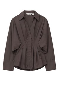 Brown, fitted shirt with a collar, pleated design, and long sleeves. Made of smooth fabric with a structured silhouette and subtle detailing.