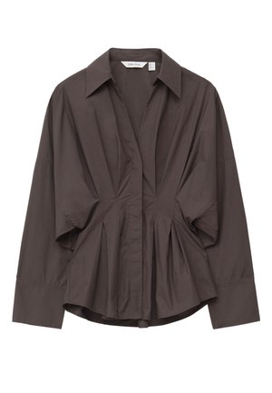 Braunes, tailliertes Hemd mit Kragen, plissiertem Design und langen Ärmeln. Hergestellt aus glattem Stoff mit strukturierter Silhouette und dezenten Details.