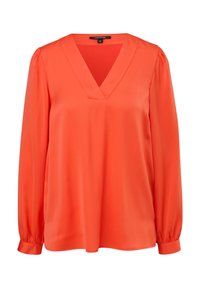 Blusa arancione a maniche lunghe con scollatura a V, realizzata in tessuto morbido. Presenta dettagli arricciati sulle spalle e un orlo dritto.