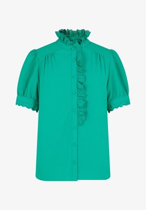 Turquoise korte mouw blouse met gerimpelde kanten kraag en voorkant, knoopsluiting aan de voorkant en kanten afwerking op de mouwen.