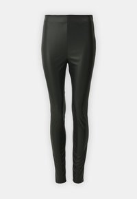Leggings en simili cuir noir avec une texture lisse et brillante, dotés d'une taille haute et d'une silhouette ajustée. Pas de matériel visible ni de motifs.