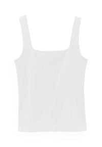 Valkoinen hihaton toppi leveillä olkaimilla ja nelikulmaisella pääntiellä, yksivärinen ja ilman kuvioita, esillä valkoisella taustalla.