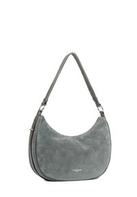 Borsa a tracolla in suede grigio con forma curvata, dotata di una sola tracolla e chiusura con zip. Presenta hardware in tonalità argento e logo impresso.