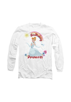 Long-sleeve white shirt featuring a cartoon princess in a blue gown with the words "Birthday Princess" in red, surrounded by flowers and a sun.