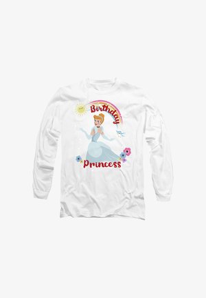 Long-sleeve white shirt featuring a cartoon princess in a blue gown with the words "Birthday Princess" in red, surrounded by flowers and a sun.