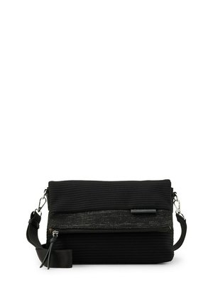 Black textured crossbody bag with front zipper pocket, detachable strap with metal clasps, and folded top design.
