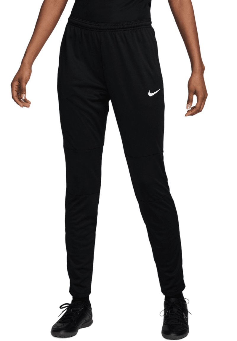Pantaloni sportivi neri realizzati in tessuto leggero. Presentano una vita elastica e un piccolo logo Nike bianco sulla coscia. Design aderente.