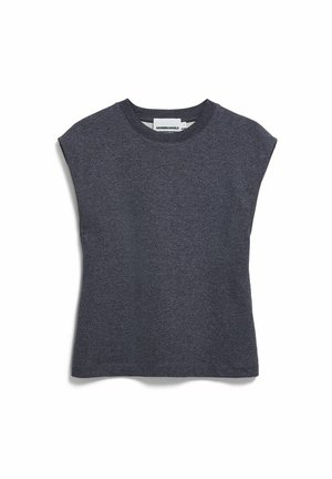 T-shirt sans manches bleu marine en mélange de coton doux, doté d'un col rond et d'une coupe décontractée, sans logos ni motifs visibles.