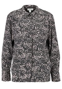 Black and pink long-sleeve blouse with a graphic animal print, button-up front, collar, and relaxed fit. Smooth, lightweight fabric.