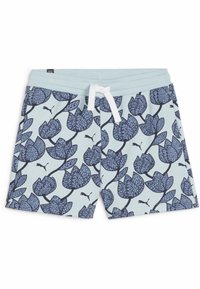 Pantalones cortos de color azul claro con un patrón floral azul oscuro, que cuentan con un cordón blanco en la cintura y un pequeño logo en la tela.