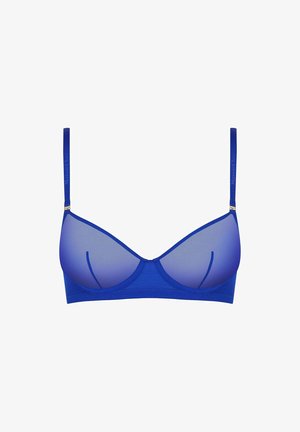 Soutien-gorge bleu à armatures avec des bonnets en maille transparente. Dispose de bretelles réglables et d'une bande en tissu solide. Quincaillerie dorée aux jonctions des bretelles.