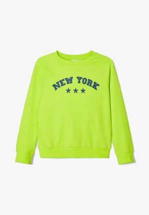Sweat-shirt vert fluo avec le texte "NEW YORK" en navy et trois étoiles imprimées en dessous. Il présente un col et des poignets côtelés, avec une coupe décontractée.