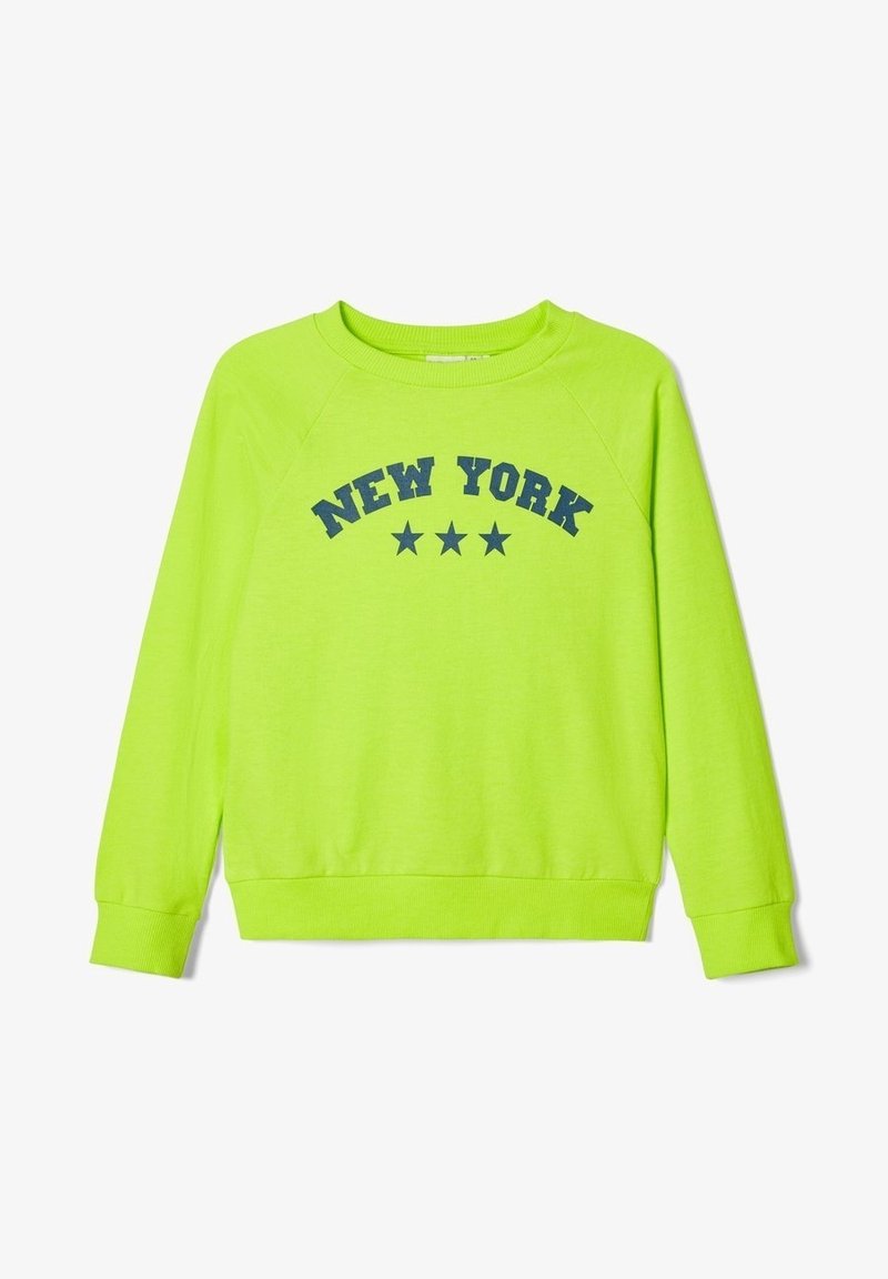 Sweat-shirt vert fluo avec le texte "NEW YORK" en navy et trois étoiles imprimées en dessous. Il présente un col et des poignets côtelés, avec une coupe décontractée.