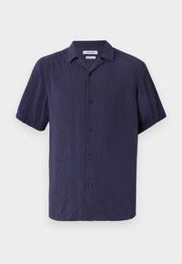Korte ærmer, button-up skjorte i marineblå, lavet af letvægtsstof med en enkel tekstur og et klassisk kravedesign.