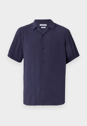 Short-sleeved, button-up shirt in navy blue, made of lightweight fabric with a plain texture and a classic collar design.