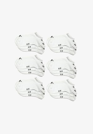 Sechserpack weiße Knöchelsocken mit schwarzem Logo und Größe (35-38) an der Seite bedruckt. Weiches Material, runde Zehenform, nahtlose Verarbeitung.