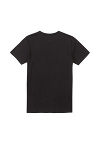 Black cotton t-shirt, short sleeves, crew neck, soft texture, plain design, no graphic elements or accents. Suitable for casual wear.