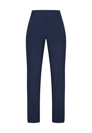 Granatowe, dopasowane spodnie o prostym kroju, z płaskim przodem i szlufkami na pasek. Wykonane z gładkiej tkaniny o gładkiej fakturze.