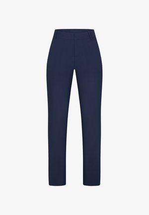 Granatowe, dopasowane spodnie o prostym kroju, z płaskim przodem i szlufkami na pasek. Wykonane z gładkiej tkaniny o gładkiej fakturze.