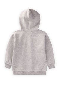 Sudadera gris con una textura suave, capucha forrada, puños y cintura acanalados. Presenta un diseño simple y sin adornos, sin patrones visibles.