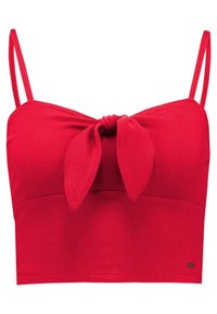 Röd rippad croptop med tunna dubbla axelband och en knutdetalj framtill vid bysten.