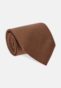 Hnědá tkaná kravata, stočená, s texturovanou látkou a jemným vzorem. Její zúžený tvar zvýrazňuje její formální vzhled.