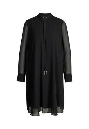 Schwarzes knielanges Kleid mit durchsichtigen, langen Ärmeln, hohem Kragen und einer vorderen Schleife mit metallischen sternförmigen Spitzen.