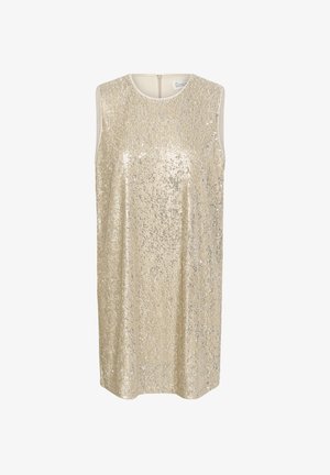 Robe sans manches en or clair avec un motif de sequins. Présente un col rond et une fermeture éclair au dos. Texture du tissu lisse.