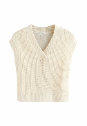 Knit äterloser Pullover in cremefarben mit V-Ausschnitt, gerippter Textur und cropped Design, das subtile Musterdetails aufweist.