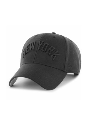 Black baseball cap with an embroidered "NEW YORK" in a raised font. Made of textured fabric, featuring a rounded brim and adjustable strap.