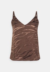 Camisola de animal print castanha com decote em V, alças finas e uma textura suave com riscas mais escuras e um brilho subtil.